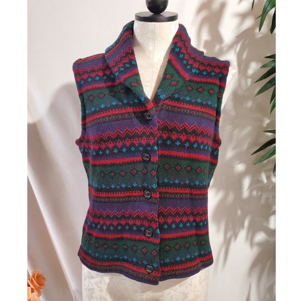 Vtg Chaps Southwestern Knit Button Sweater Vest Womens Size M Aztec Cabincore